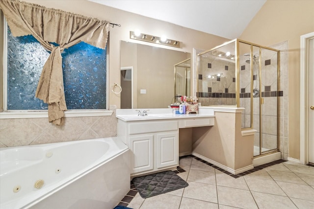 full bath featuring vanity, a whirlpool tub, a shower stall, and tile patterned floors