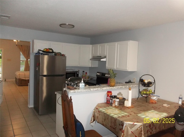 kitchen with white cabinetry, a peninsula, appliances with stainless steel finishes, and under cabinet range hood