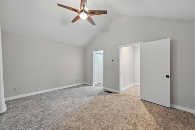 unfurnished bedroom featuring carpet flooring, visible vents, baseboards, and a ceiling fan