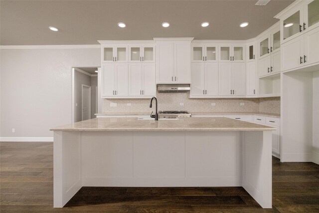 7196 Hawkeye Rd, Krum, TX 76249 - kitchen featuring backsplash, ornamental molding, a kitchen island with sink, and under cabinet range hood