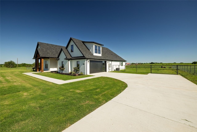 7196 Hawkeye Rd, Krum, TX 76249 - view of front of house featuring fence, an attached garage, concrete driveway, a front yard, and a shingled roof