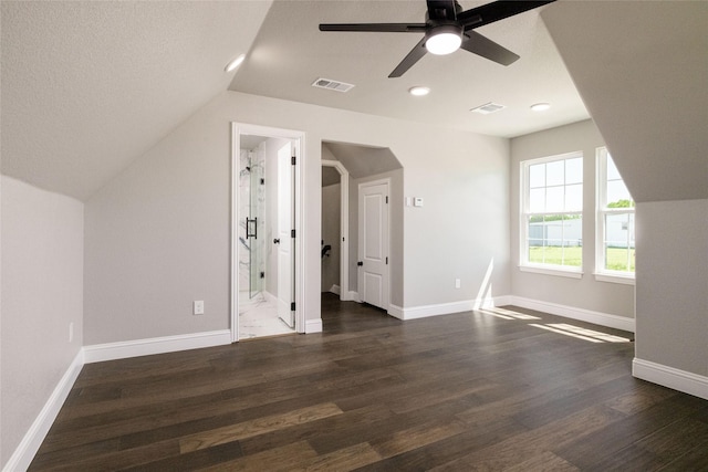 7196 Hawkeye Rd, Krum, TX 76249 - bonus room with a ceiling fan, visible vents, dark wood-style floors, and vaulted ceiling