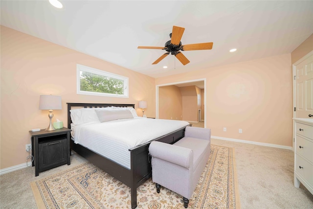 bedroom featuring baseboards, ceiling fan, recessed lighting, and light colored carpet