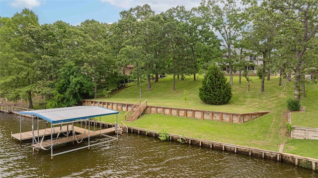 view of dock featuring boat lift, a water view, and a lawn