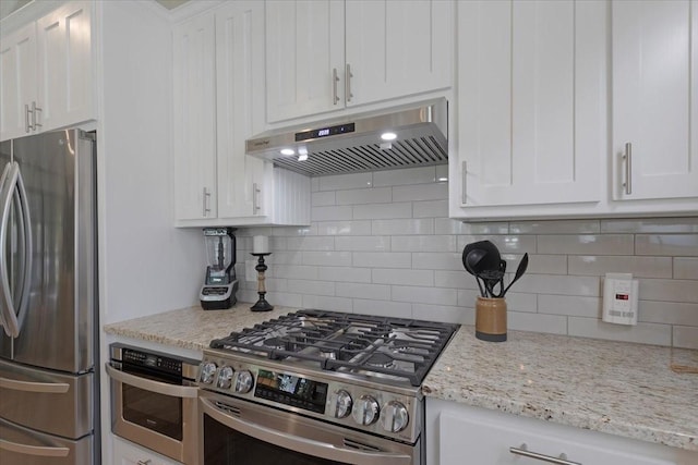10 Holland St, Pottsboro, TX 75076 - kitchen featuring stainless steel appliances, under cabinet range hood, white cabinetry, tasteful backsplash, and light stone countertops