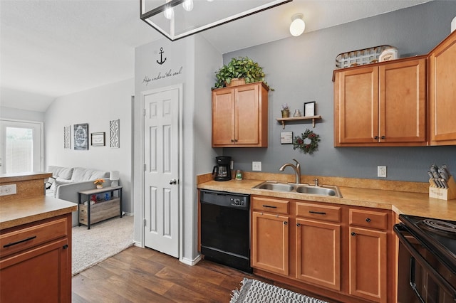 7512 Lazy Spur Blvd, Fort Worth, TX 76131 - kitchen with black appliances, a sink, dark wood-style flooring, light countertops, and vaulted ceiling