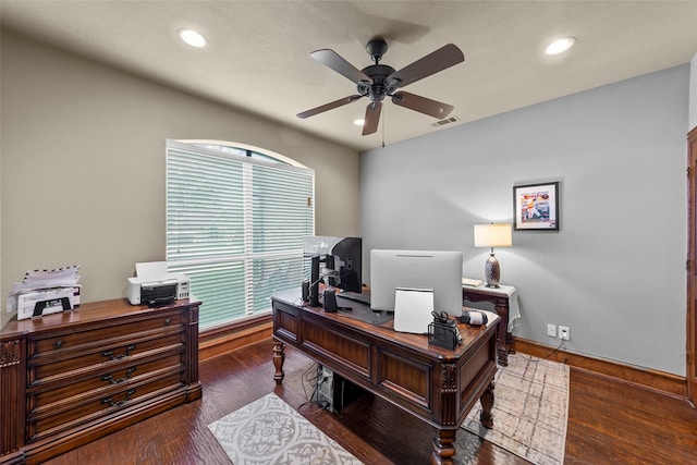 10528 Lago Vis, Quinlan, TX 75474 - office with a ceiling fan, recessed lighting, baseboards, visible vents, and wood finished floors