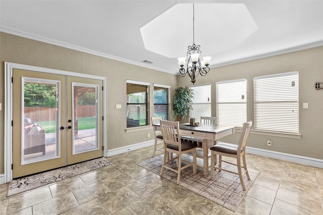 10528 Lago Vis, Quinlan, TX 75474 - dining room featuring a notable chandelier, french doors, baseboards, ornamental molding, and visible vents