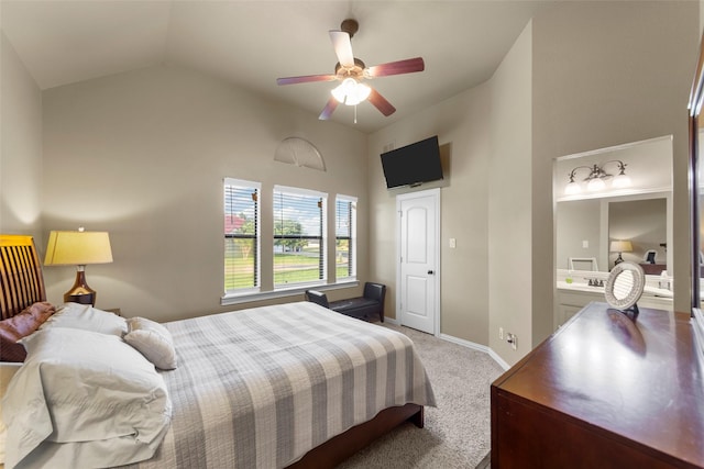 10528 Lago Vis, Quinlan, TX 75474 - bedroom with baseboards, light carpet, ceiling fan, and high vaulted ceiling