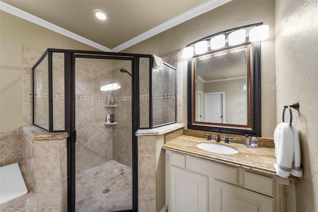 10528 Lago Vis, Quinlan, TX 75474 - full bathroom featuring crown molding, a shower stall, and vanity