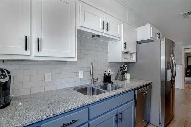 509 Oak St, Burleson, TX 76028 - kitchen featuring a sink, dishwashing machine, white cabinetry, backsplash, and blue cabinetry