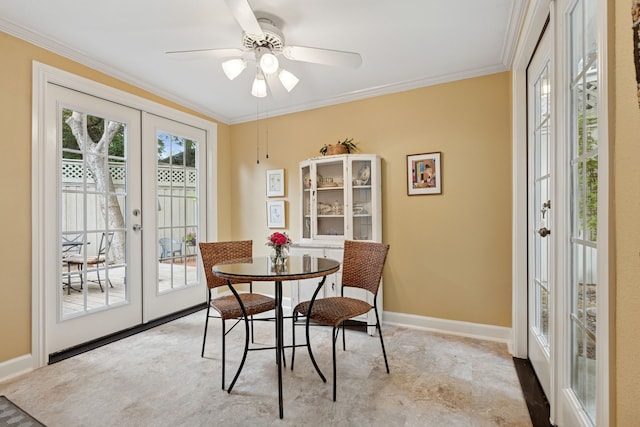 2177 Kessler Ct Unit 6, Dallas, TX 75208 - dining space with ceiling fan, ornamental molding, baseboards, and french doors
