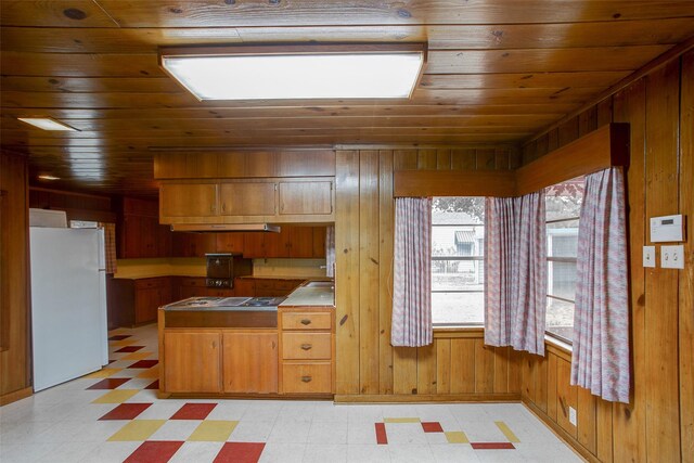 2000 Standifer St, Fort Worth, TX 76164 - kitchen featuring freestanding refrigerator, light floors, wood walls, and wood ceiling