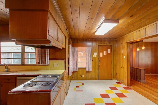 2000 Standifer St, Fort Worth, TX 76164 - kitchen featuring wood ceiling, wooden walls, and light flooring