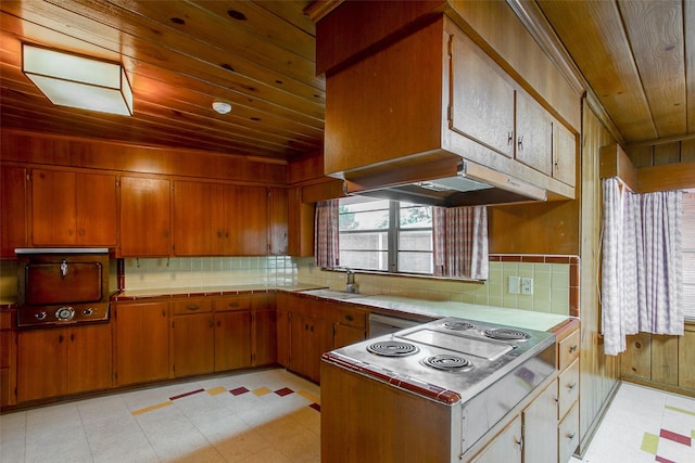 2000 Standifer St, Fort Worth, TX 76164 - kitchen with under cabinet range hood, light countertops, wood ceiling, and light floors