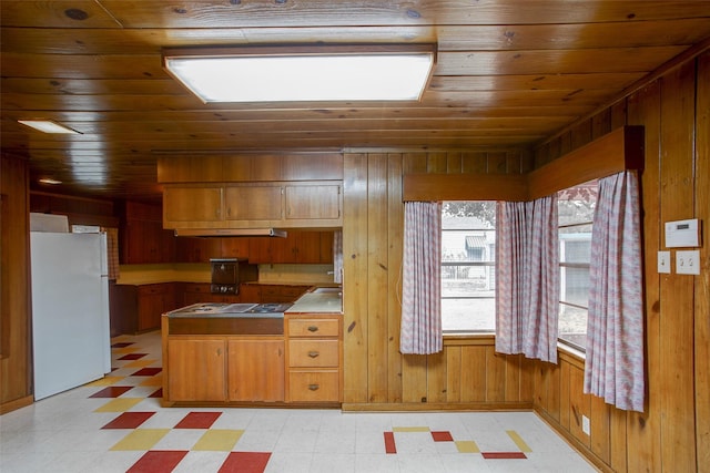 2000 Standifer St, Fort Worth, TX 76164 - kitchen featuring freestanding refrigerator, light floors, stovetop, wood ceiling, and wood walls