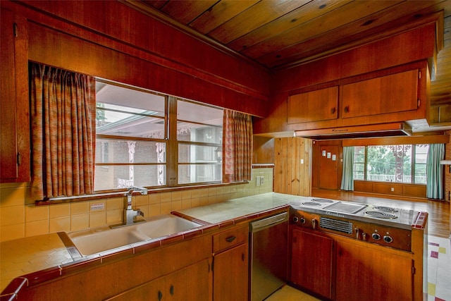 2000 Standifer St, Fort Worth, TX 76164 - kitchen featuring decorative backsplash, tile countertops, a sink, and dishwasher