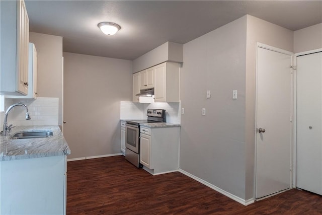 kitchen with a sink, dark wood-type flooring, electric stove, backsplash, and under cabinet range hood