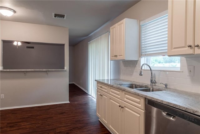 kitchen featuring stainless steel dishwasher, dark wood finished floors, visible vents, a sink, and backsplash