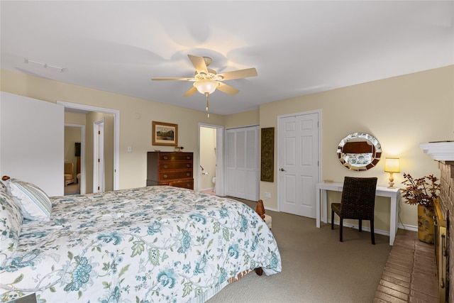 bedroom featuring ceiling fan, carpet, baseboards, and visible vents
