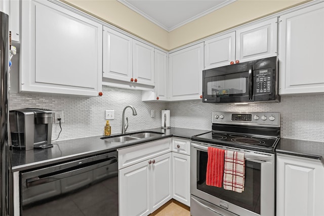 kitchen with white cabinetry, black appliances, ornamental molding, and a sink
