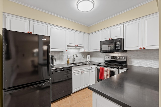kitchen featuring a sink, ornamental molding, black appliances, white cabinetry, and dark countertops