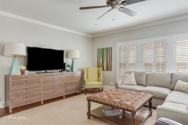 4126 Richmond Ave, Shreveport, LA 71106 - living room featuring wood finished floors, baseboards, a ceiling fan, and ornamental molding