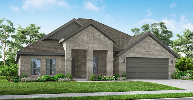 view of front facade featuring brick siding, an attached garage, concrete driveway, a front yard, and roof with shingles