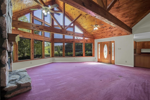 unfurnished living room featuring high vaulted ceiling, carpet flooring, beamed ceiling, a ceiling fan, and baseboards
