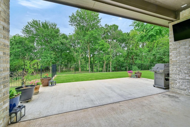 1504 Bearpath Way, Gunter, TX 75058 - fenced backyard featuring a grill, a patio, and view of scattered trees