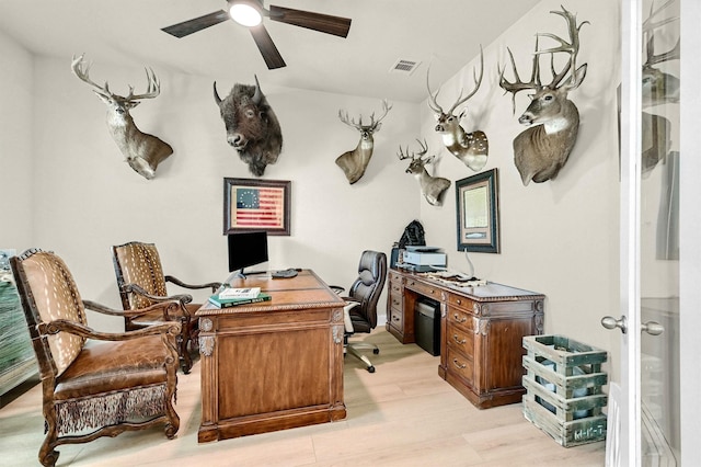 1504 Bearpath Way, Gunter, TX 75058 - office area with light wood-style flooring, a ceiling fan, and visible vents