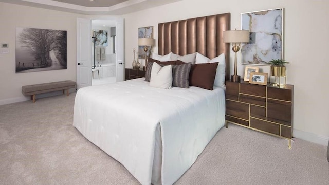 6600 Muenster Dr, Mckinney, TX 75071 - carpeted bedroom with ensuite bath, baseboards, and a raised ceiling