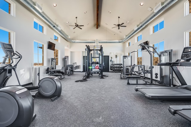 6600 Muenster Dr, Mckinney, TX 75071 - gym with recessed lighting, visible vents, ceiling fan, and high vaulted ceiling