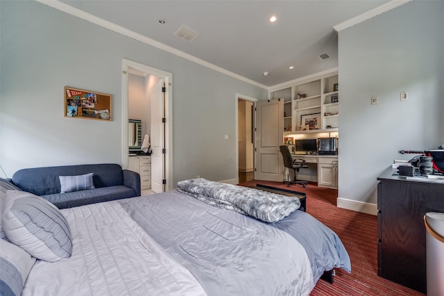 bedroom with built in study area, visible vents, recessed lighting, crown molding, and baseboards