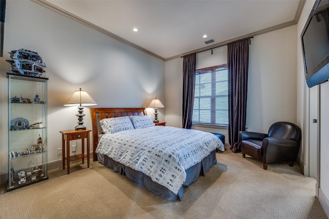 carpeted bedroom with crown molding, baseboards, visible vents, and recessed lighting