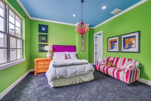 carpeted bedroom featuring a notable chandelier, crown molding, visible vents, baseboards, and recessed lighting