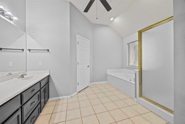 609 S Ruidoso Downs Dr, Robinson, TX 76706 - bathroom featuring vanity, baseboards, vaulted ceiling, a ceiling fan, and a garden tub