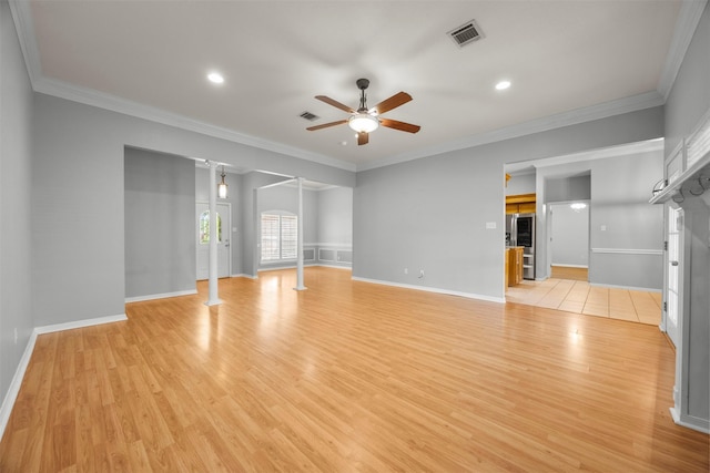 609 S Ruidoso Downs Dr, Robinson, TX 76706 - unfurnished living room with ceiling fan, crown molding, light wood finished floors, and visible vents