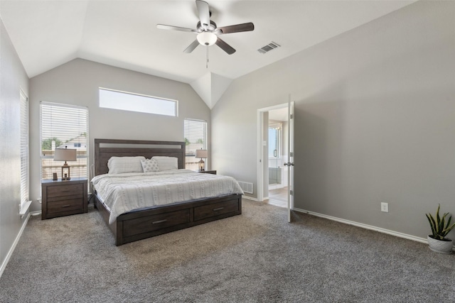 bedroom with vaulted ceiling, carpet floors, baseboards, and a ceiling fan