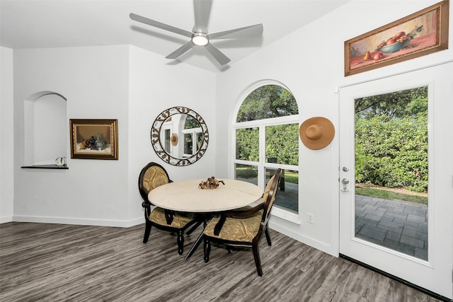 10110 Andre Dr, Irving, TX 75063 - dining area with baseboards, ceiling fan, and wood finished floors