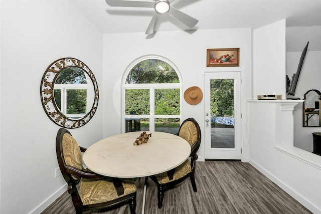 10110 Andre Dr, Irving, TX 75063 - dining area with baseboards, a ceiling fan, and dark wood finished floors