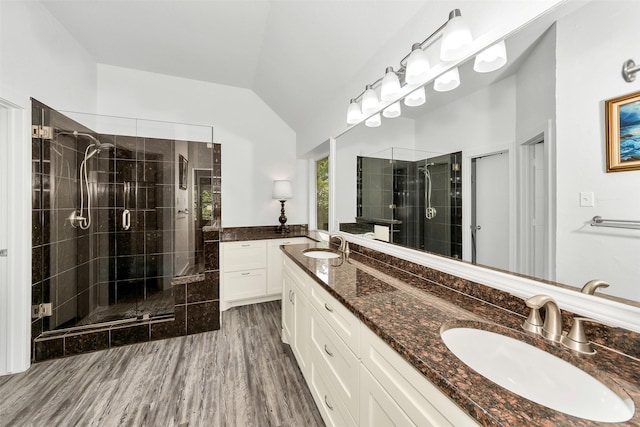 10110 Andre Dr, Irving, TX 75063 - full bathroom with double vanity, lofted ceiling, a shower stall, and a sink