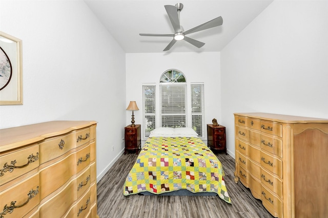 10110 Andre Dr, Irving, TX 75063 - bedroom featuring ceiling fan, lofted ceiling, baseboards, and dark wood finished floors