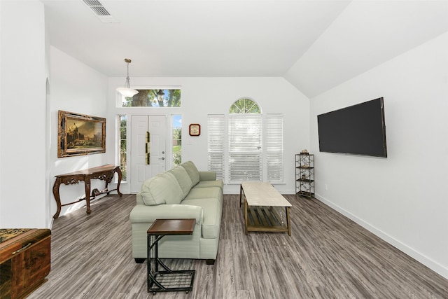 10110 Andre Dr, Irving, TX 75063 - living area featuring vaulted ceiling, visible vents, wood finished floors, and baseboards
