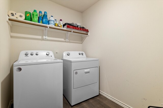 113 Clason Rd, Royse City, TX 75189 - laundry room featuring washer and dryer, dark wood-type flooring, and baseboards