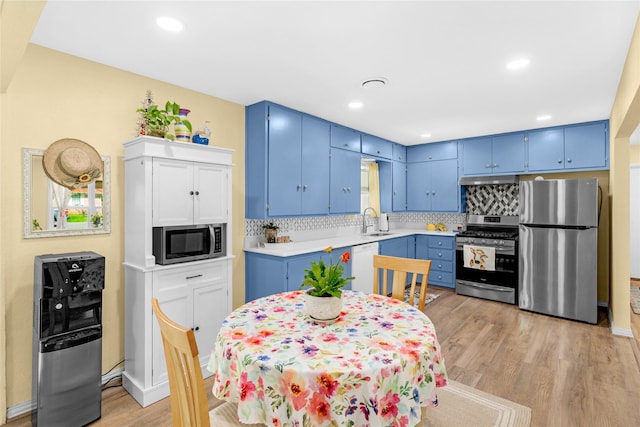 337 S Dobson St, Burleson, TX 76028 - kitchen with appliances with stainless steel finishes, blue cabinetry, a sink, light countertops, and tasteful backsplash
