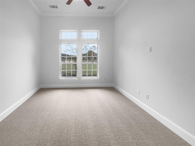 8280 St Johns Dr, Waxahachie, TX 75167 - carpeted spare room with ceiling fan, visible vents, baseboards, and ornamental molding