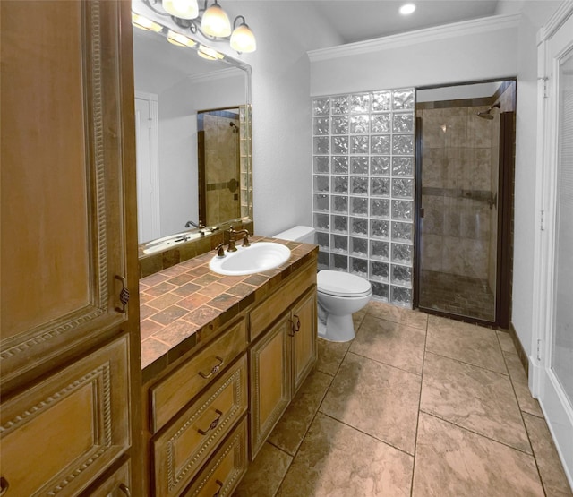 8280 St Johns Dr, Waxahachie, TX 75167 - bathroom with toilet, tiled shower, tile patterned floors, vanity, and ornamental molding