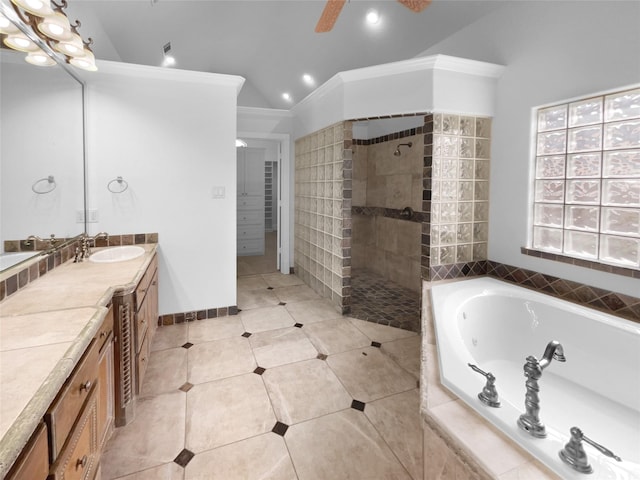 8280 St Johns Dr, Waxahachie, TX 75167 - bathroom featuring a tub with jets, tile patterned flooring, walk in shower, vanity, and recessed lighting