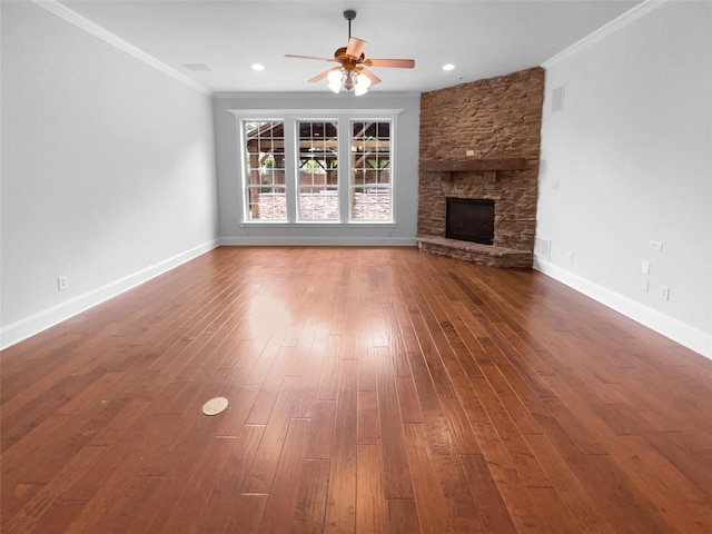 8280 St Johns Dr, Waxahachie, TX 75167 - unfurnished living room featuring hardwood / wood-style flooring, ceiling fan, ornamental molding, and a fireplace